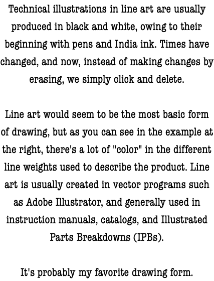 Technical illustrations in line art are usually produced in black and white, owing to their beginning with pens and India ink. Times have changed, and now, instead of making changes by erasing, we simply click and delete. Line art would seem to be the most basic form of drawing, but as you can see in the example at the right, there's a lot of "color" in the different line weights used to describe the product. Line art is usually created in vector programs such as Adobe Illustrator, and generally used in instruction manuals, catalogs, and Illustrated Parts Breakdowns (IPBs). It's probably my favorite drawing form.